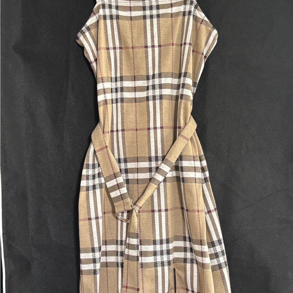 Elegant Tan Plaid Midi Dress